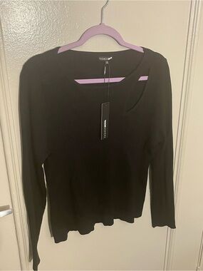 Fashion Nova Black Ribbed Long Sleeve Top with Shoulder Cutout